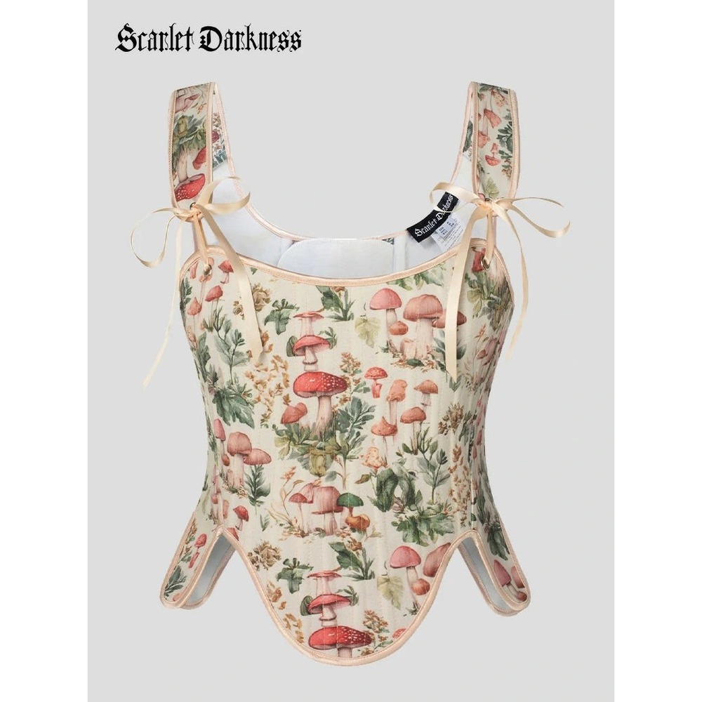 Scarlet Darkness Mushroom Floral Fairy Cottagecore Lace-up Corset Khaki Size 6 - Picture 3 of 9